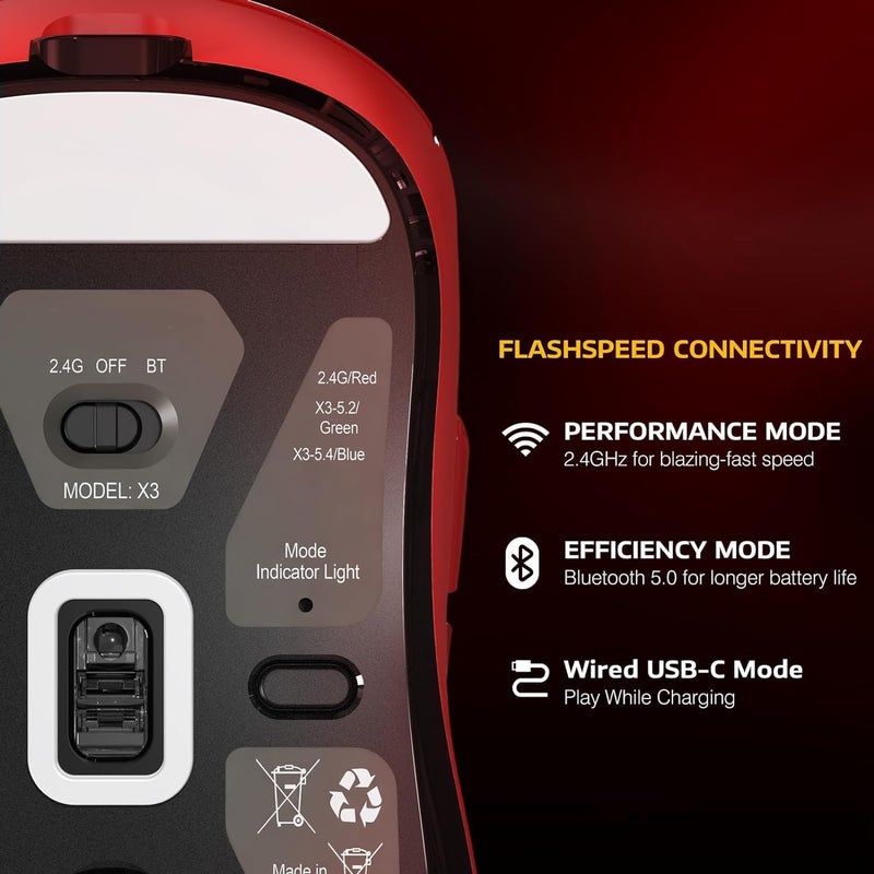 MANBASNAKE ATTACK SHARK X3 Wireless Gaming Mouse, 49g Bluetooth/2.4G/USB-C Ergonomic Computer Mouse, PAW3395 26K DPI Sensor, 200h Battery Life, Programmable Buttons Griptape, Gaming Accessories for PC/Laptop/Mac - Image 5